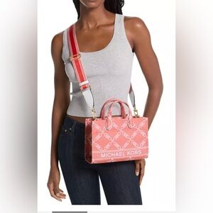 NWT Michael Kors Gigi Small Empire Logo Jacquard Messenger Bag Coral